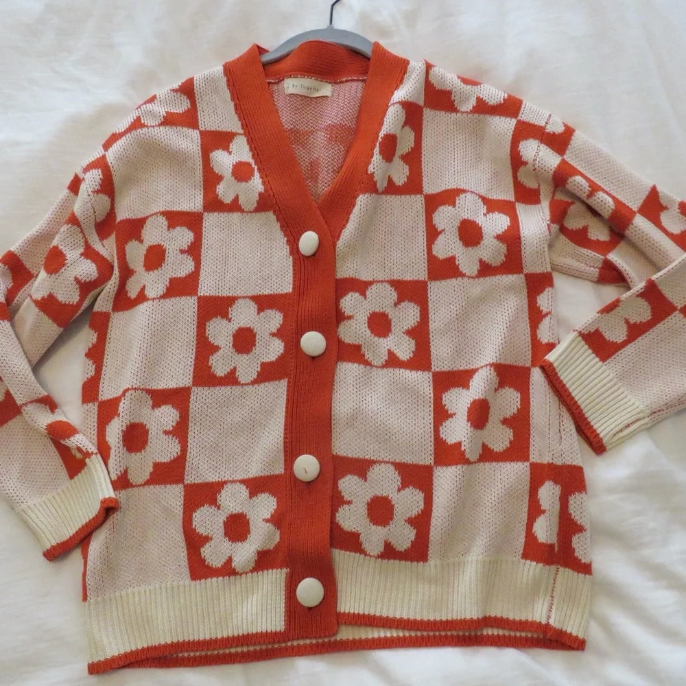 By Together Orange and Cream Checkered Cardigan - Picture 1 of 4